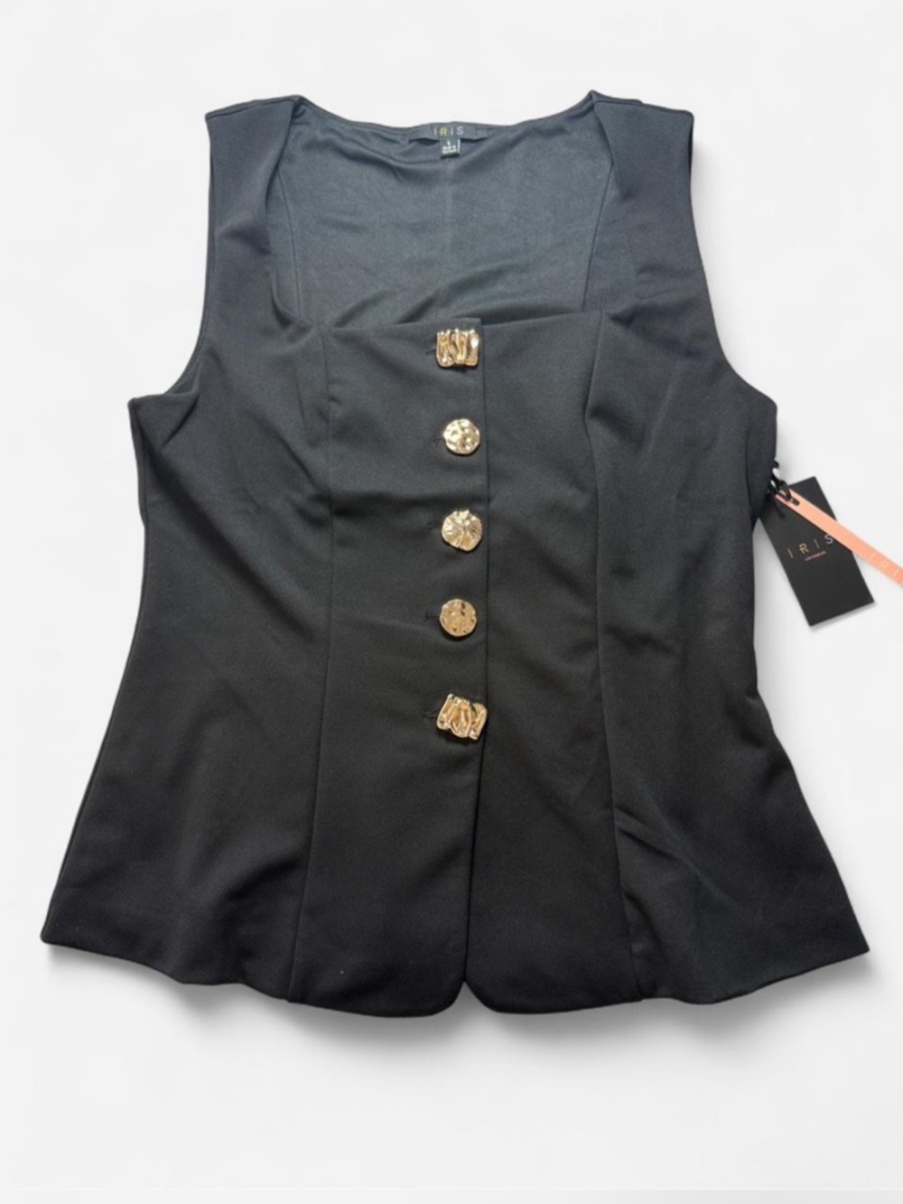 iris Black Sleeveless Button-Front Tank with Gold Buttons Size L NWT
